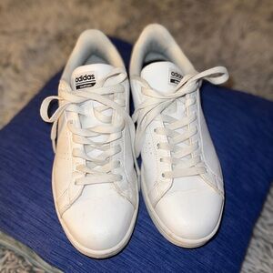 Adidas Cloudfoam Advantage White Black Perforated Stripe Sneakers Tennis Shoes